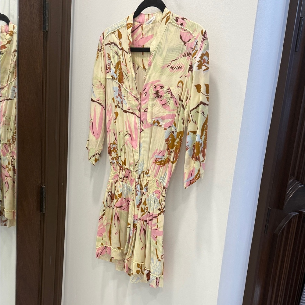 Poupette St. Barth Beige and Pink Patterned Long Sleeve Dress
